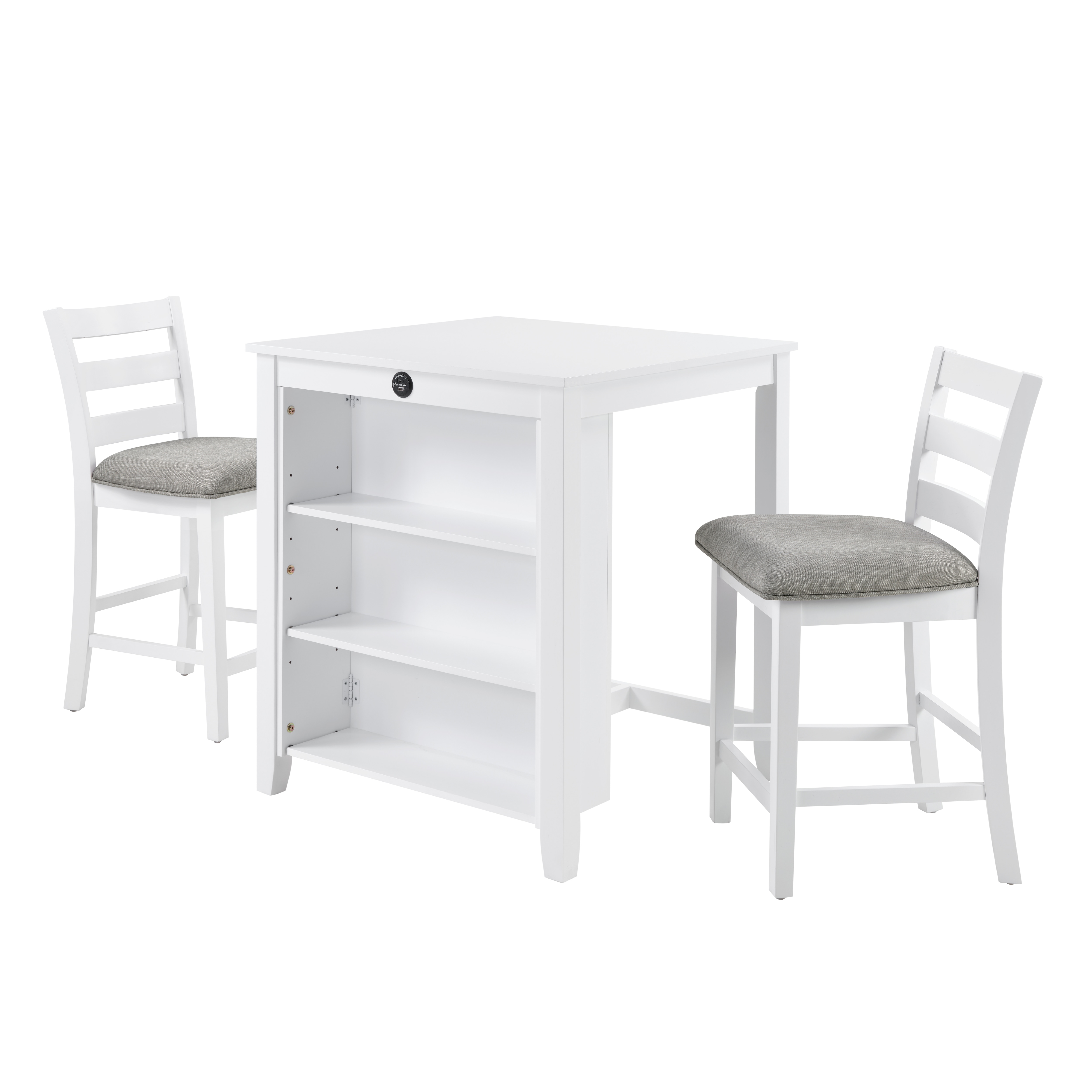 36" Modern Dining Table Set For 2 With Charging Station & 3-Tier Adjustable Storage | Space-Saving Kitchen Set With Upholstered Chairs For Small Spaces, Apartment,White_voghion.com
